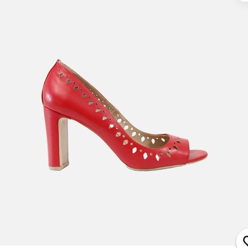 DKNY Heels Women Red Pumps sz 9 Shoes Faux Leather Peep Toe party dressy